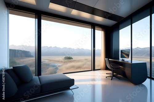 Graphic representation of Futuristic Home Office with Sky Window. Generative AI. 