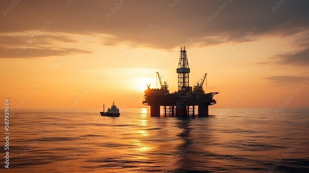 Sunset view with silhouette of an oil rig in the sea. Offshore oil drilling. Generative AI Sunset view with silhouette of an oil rig in the sea. Offshore oil drilling. Generative AI