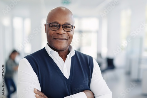 business businessman office mature middle aged meeting man portrait corporate manager smiling black businessperson, created with generative ai technology photo