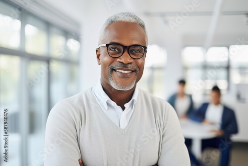 business businessman office mature middle aged meeting man portrait corporate manager smiling black businessperson, created with generative ai technology