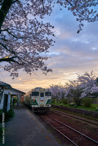 桜咲くレトロな駅舎と列車 小湊鉄道 高滝駅