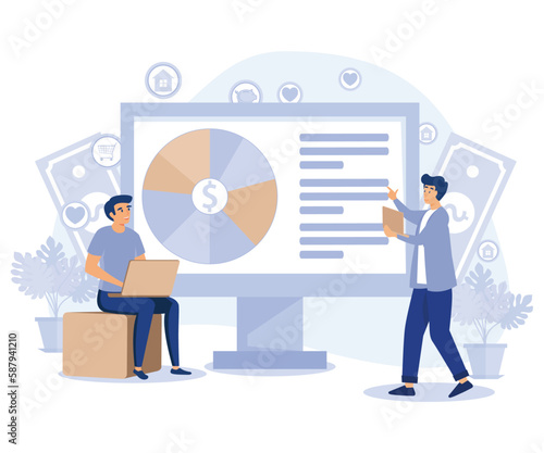 Budget management. Personal financial control. Cash flow. Tiny people is planning the personal budget. flat vector modern illustration