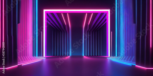 Neon dark stage shows empty room: neon light, spotlights, dark blue, purple, pink background - dance floor for product display in studio, backdrop for photo shooting. Generative AI.