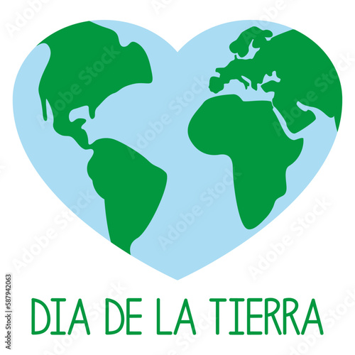 Logo con mapa de la tierra con forma de corazón con letras palabra Dia de la Tierra en texto en español.