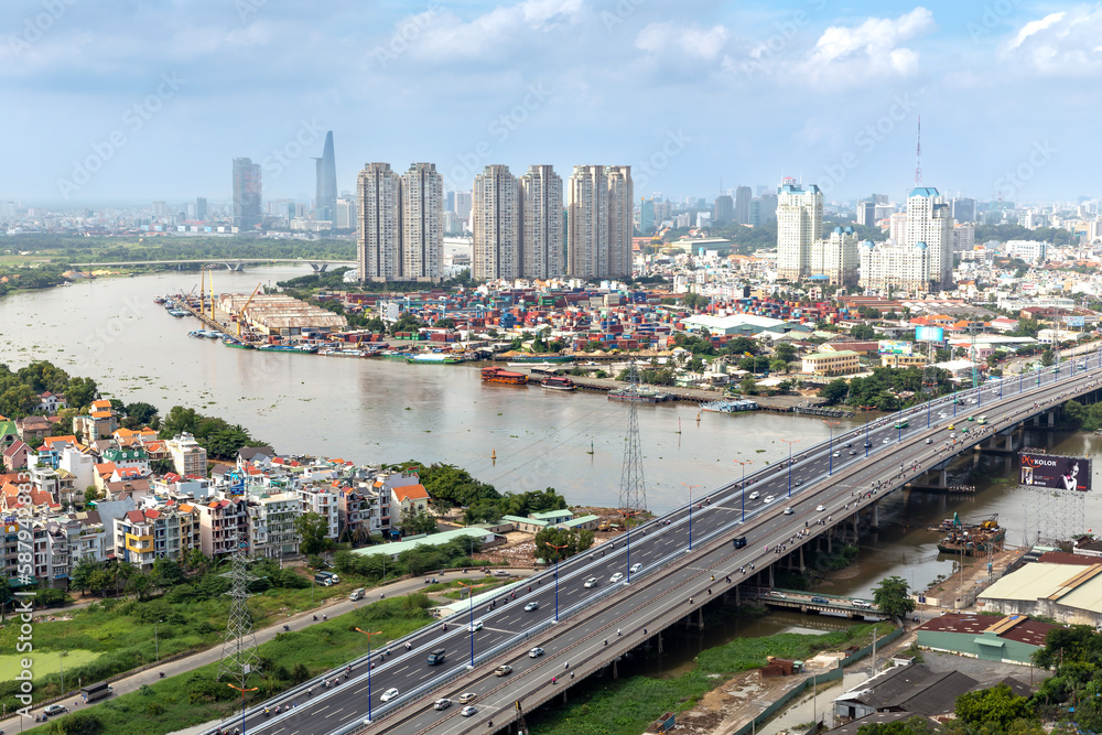 Top view aerial of center Ho Chi Minh City and Saigon bridge with ...