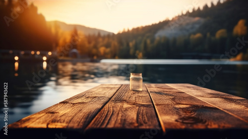 Wooden table in lake on mountain with bokeh lights. golden hour Generated AI