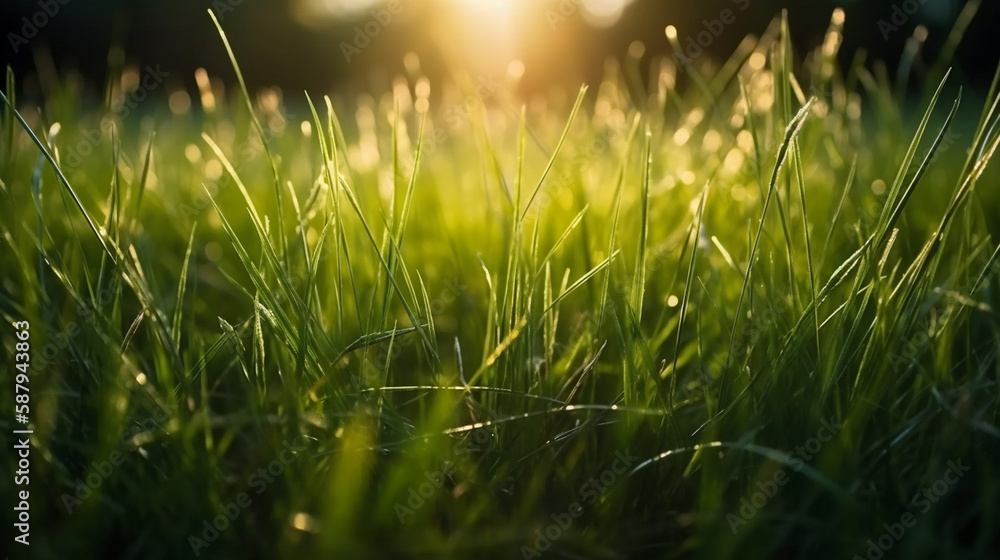Photo close up macro abstract picture of  fresh green grass with sun ray efffect