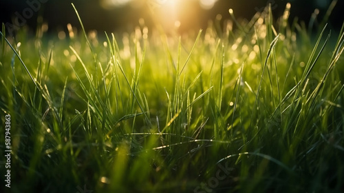 Photo close up macro abstract picture of fresh green grass with sun ray efffect
