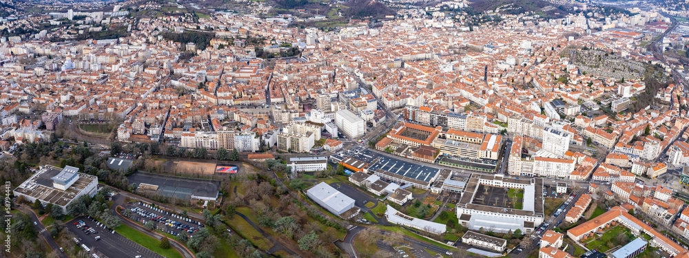 Aerial view around the city Saint-Etienne in France on a sunny morning in early spring.