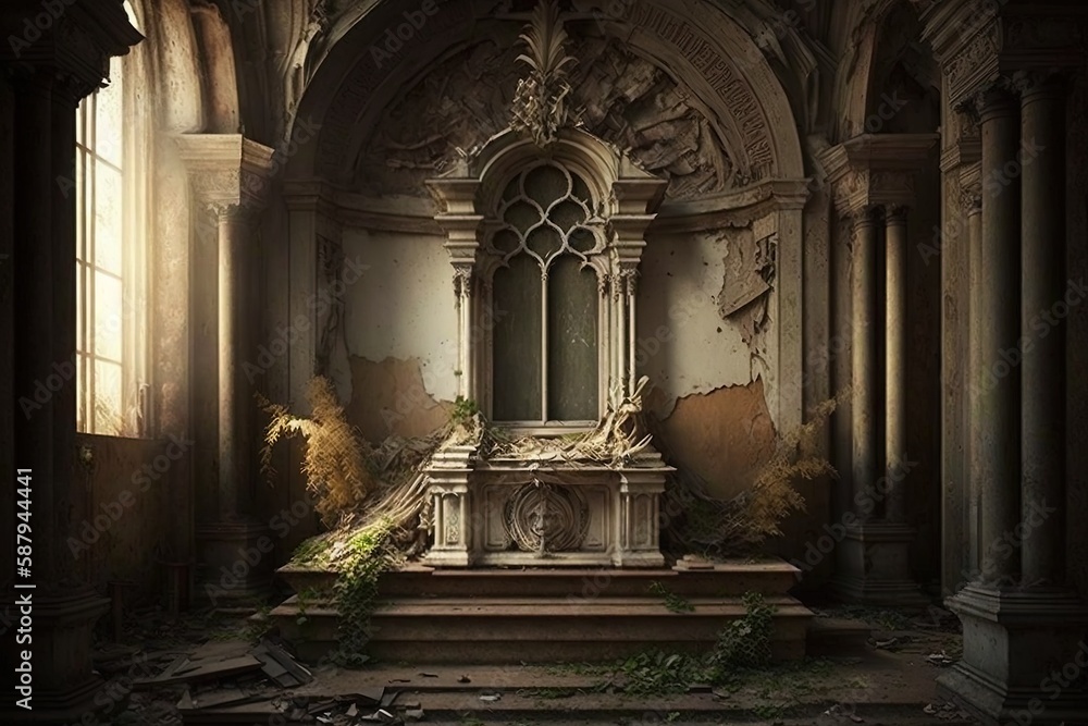 Fototapeta premium Abandoned Altar Within an Empty Place of Worship' Generative AI