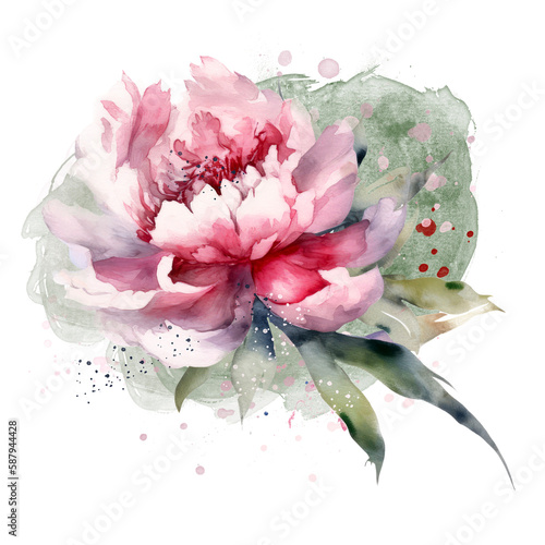 Beautiful watercolor peony on transparent background. Pink and red peony flower for mother day and valentines day postcards and greeting cards. Generative AI.