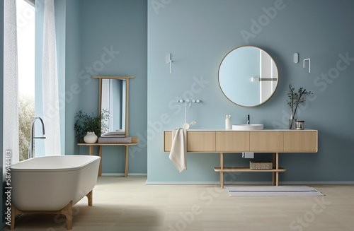 Generative AI illustration of minimalist bathroom with powdery colors walls  birch plywood bathroom cabinet 