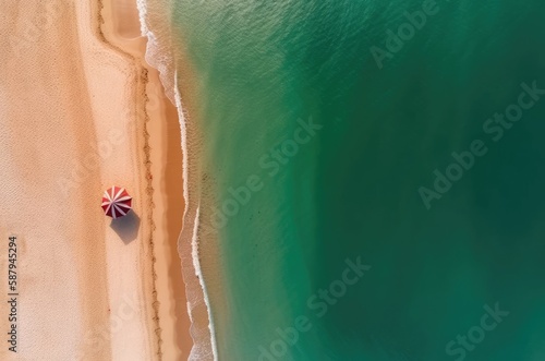 Red Striped Beach Umbrella Ocean Sand Copyspace Top Down View Generative AI