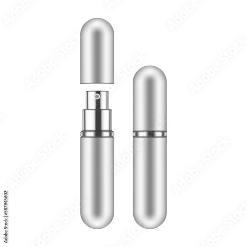 Small Silver Travel Perfume Bottle Mockup, Isolated on White Background. Vector Illustration