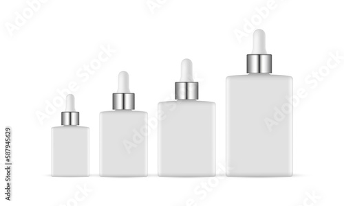 Set of Rectangular Dropper Bottles With Metal Caps, Isolated on White Background. Vector Illustration