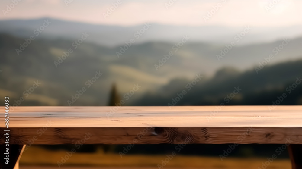 Fototapeta premium Wooden table for product presentation and advertising. blurred background with mountains and beautiful landscape