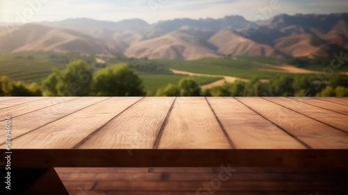 Wooden table for product presentation and advertising. blurred background with mountains and beautiful landscape