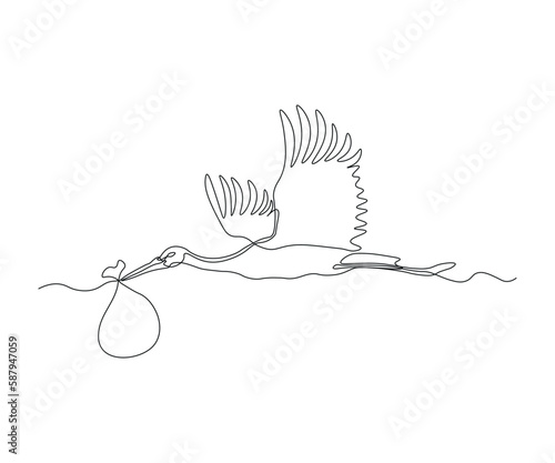 abstract flying stork with a newborn baby in a bag Continuous One Line Drawing