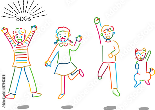 SDGs17色のジャンプする世界の子供たちの線画