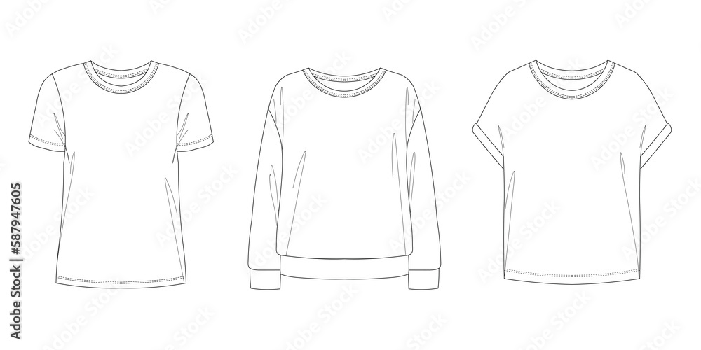 Vector top fashion , woman set  technical drawing, flat, template, sketch. Jersey or woven fabric , white color