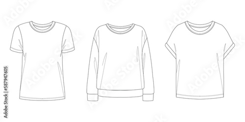 Vector top fashion , woman set technical drawing, flat, template, sketch. Jersey or woven fabric , white color