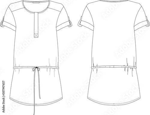 Vector top fashion , woman set  technical drawing, flat, template, sketch. Jersey or woven fabric , white color