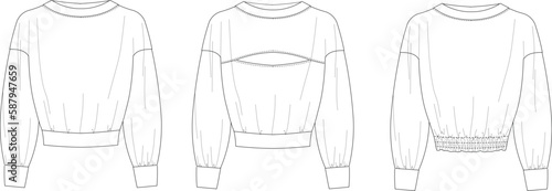 Vector top fashion , woman set  technical drawing, flat, template, sketch. Jersey or woven fabric , white color