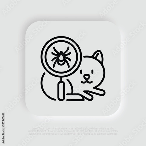 Cat with mite under magnifying glass. Veterinary clinic. Pet parasites. Thin line icon. Vector illustration.