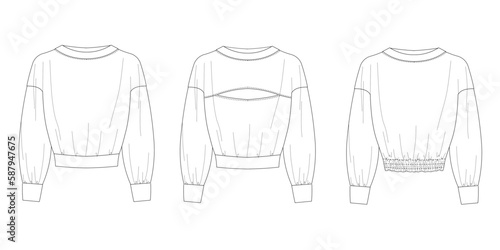 Vector top fashion , woman set  technical drawing, flat, template, sketch. Jersey or woven fabric , white color