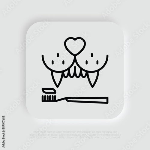 Pet brushing teeth, grooming service. Veterinary clinic. Thin line icon. Vector illustration.