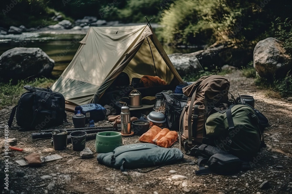 Camping tent and equipment, travel (Ai generated) Camping tent and equipment, travel (Ai generated)