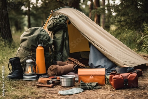 Camping tent and equipment, travel (Ai generated)