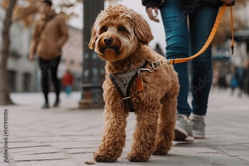 Dog walking on a leash with an owner during a walk in the city (Ai generated)