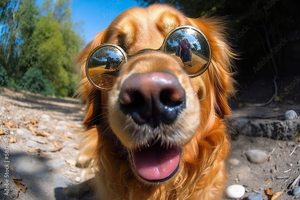 Happy golden retreiver wearing sunglasses,  Lovely Fisheye lens