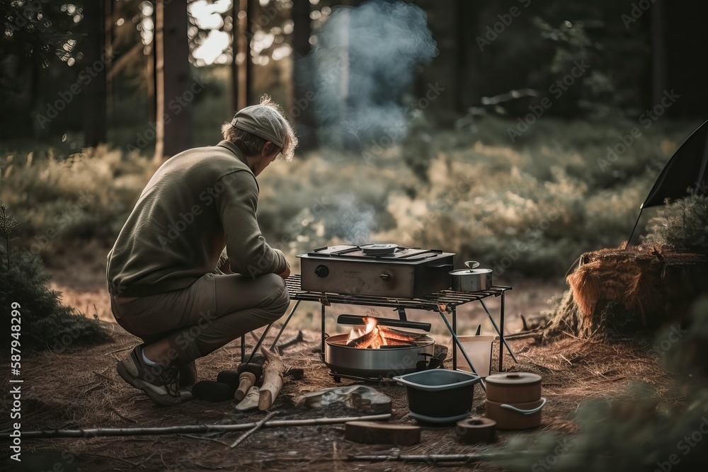 Man cooking on a campfire in the wilderness (Ai generated) Man cooking on a campfire in the wilderness (Ai generated)