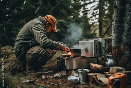 Man cooking on a campfire in the wilderness (Ai generated)