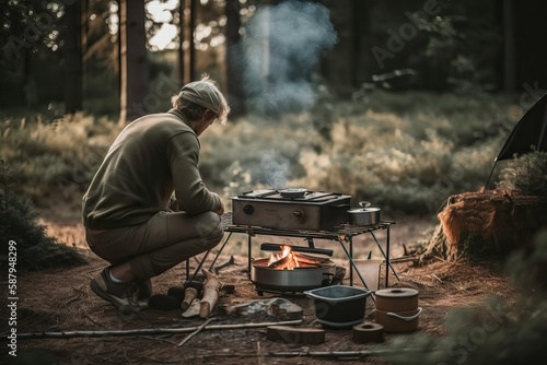 Man cooking on a campfire in the wilderness (Ai generated)
