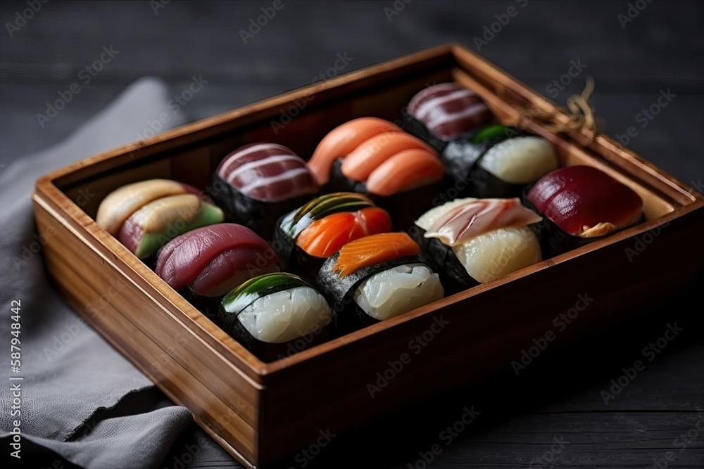 Sushi nigiri, featuring slices of fresh fish on top of a small rice (Ai generated) Sushi nigiri, featuring slices of fresh fish on top of a small rice (Ai generated)
