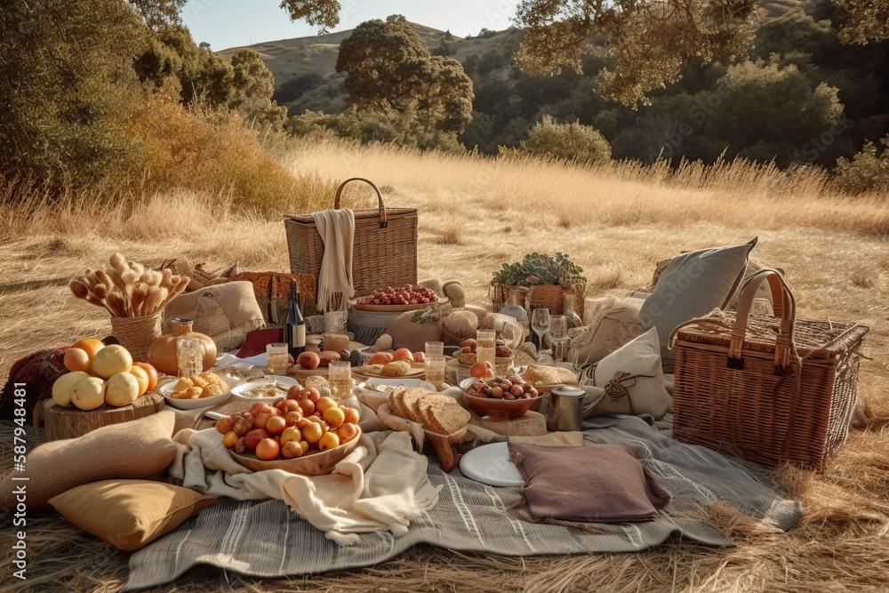 Picnic setups with baskets blankets and food (Ai generated) Stock