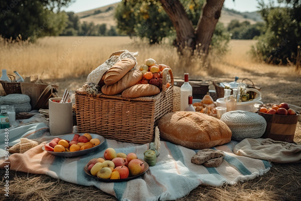 Picnic setups with baskets blankets and food (Ai generated) Stock