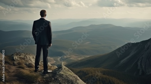 Businessman in a suit stands on top of a mountain, concept of success in business created with generative AI technology