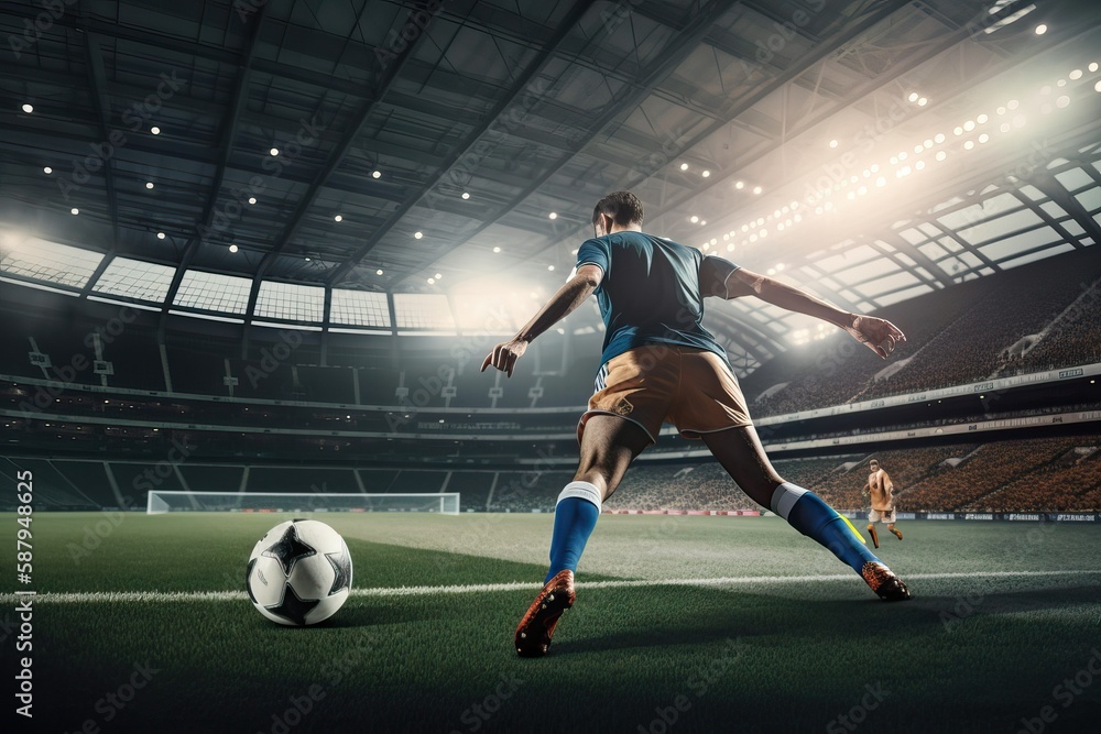 Soccer player kicking the ball in stadium, football (Ai generated)