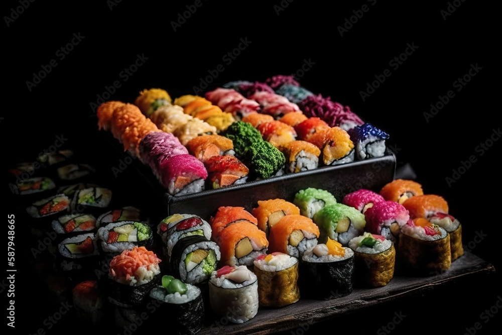 Sushi roll, luxury japanese food plate with fresh fish, black background (Ai generated) Sushi roll, luxury japanese food plate with fresh fish, black background (Ai generated)
