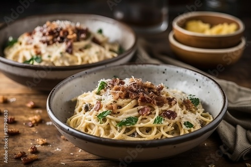 Spaghetti carbonara with creamy sauce (Ai generated)