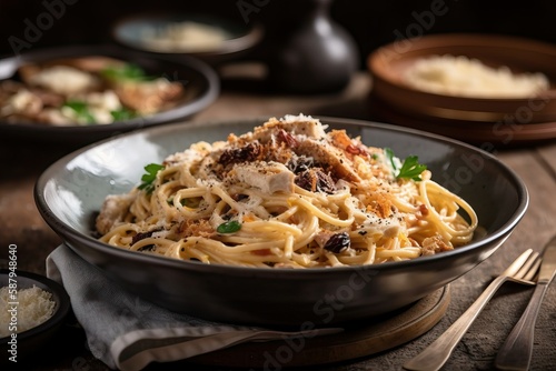 Spaghetti carbonara with creamy sauce (Ai generated)