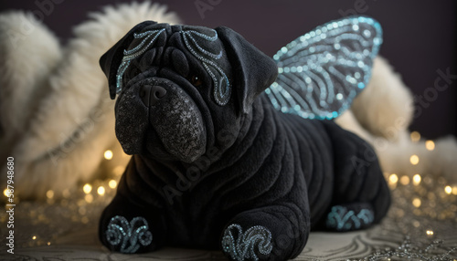 Cute toy dog Shar Pei with wings. Designer work from expensive textiles. Character for children's fairy tales and books. Generative artificial intelligence.