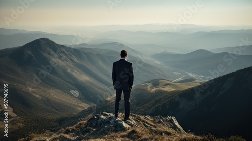 Businessman in a suit stands on top of a mountain, concept of success in business created with generative AI technology