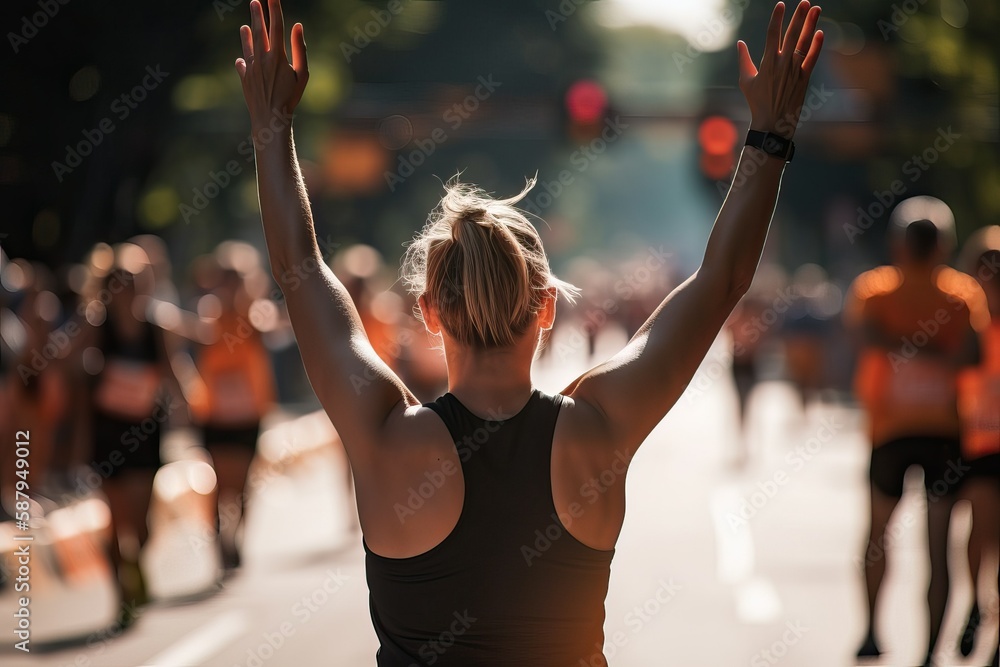 Fototapeta premium Marathon runner crossing the finish line (Ai generated)