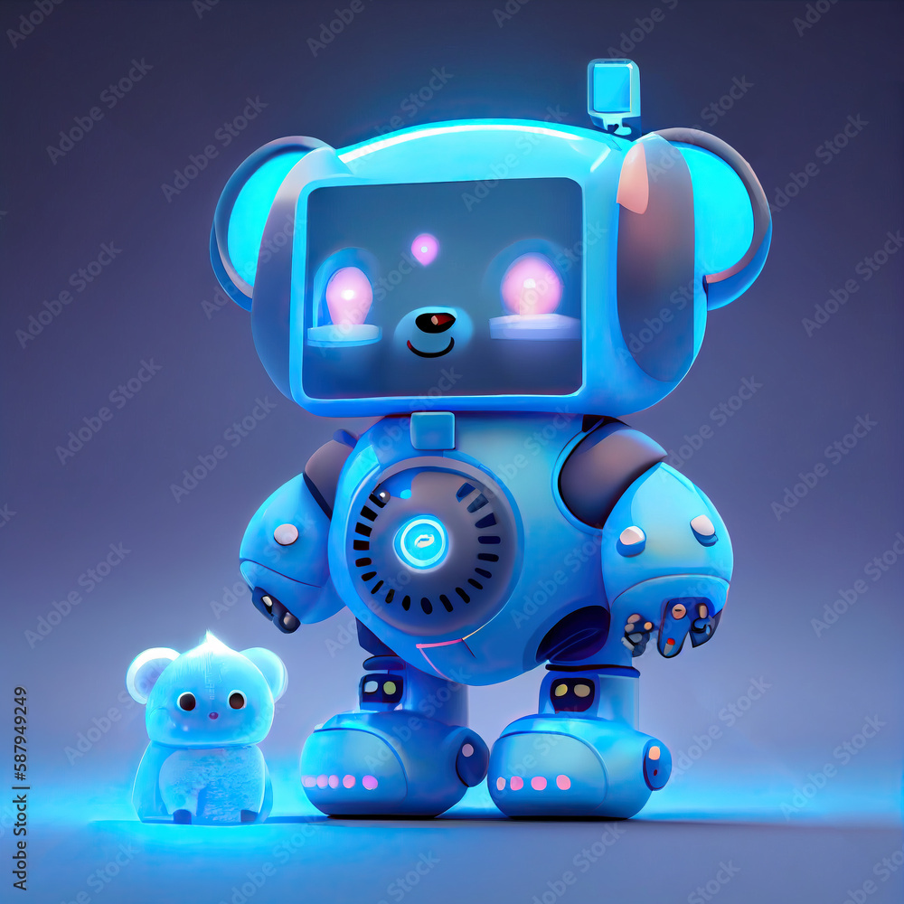 Friendly blue robotic toy with bear ears and cute kawaii style. Perfect for automation or artificial intelligence concepts. 3D illustration for modern technology or futuristic designs. Generative AI Friendly blue robotic toy with bear ears and cute kawaii style. Perfect for automation or artificial intelligence concepts. 3D illustration for modern technology or futuristic designs. Generative AI