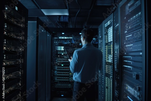 Engineer manager connecting data center on global networking in server room of storage systems and connect of data on internet network business - Generative AI
